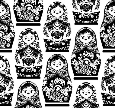 Vector seamless pattern with black matryoshkas in folk art floral ornament on white background. Monochrome texture with decorative tracery souvenirs
