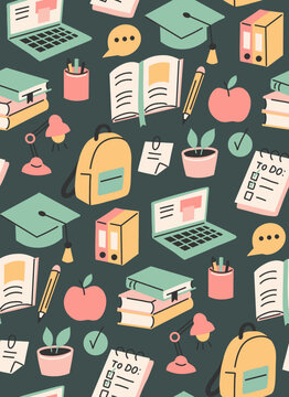 Back to school. Vector seamless pattern with school objects. Education and learning. Texture with backpack, books, lamp, laptop