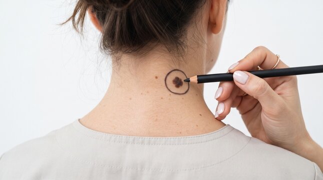 Dermatologist Marking Birthmark or Mole on Woman Neck for Examination