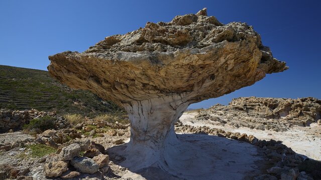 Impressive natural rock formation with rocky texture under blue sky, mushroom rocks, mushroom rock, bizarre rock, rock formation, Skiadi, Kimolos, Cyclades, Greek Islands, Greece