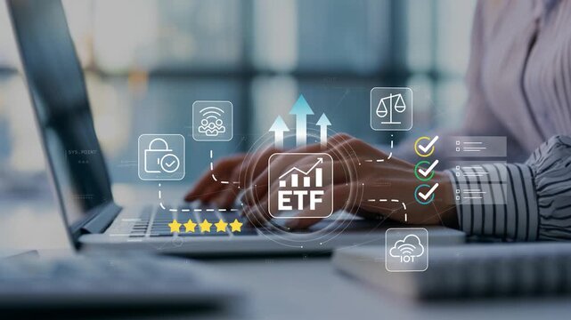 Businesswoman in modern office planning asset allocation with animated ETF investment icon, portfolio diversification, wealth building, financial growth and retirement preparation
