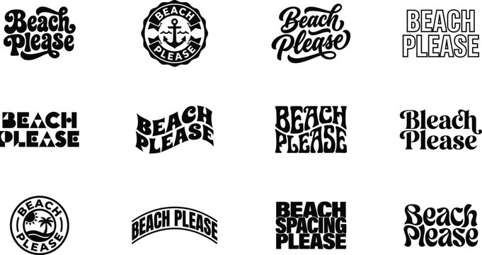 Beach Please typography summer quote lettering bundle with anchor palm tree sun shapes. Retro vintage wavy elegant minimalist font decorative logo set for t-shirt print. Vector illustration