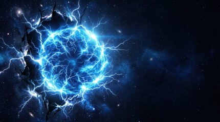 Naklejka premium Energy Explosion: A bright blue, crackling energy sphere bursts forth with intense light and electrical discharges against a dark, cosmic background, symbolizing raw power and scientific marvel.