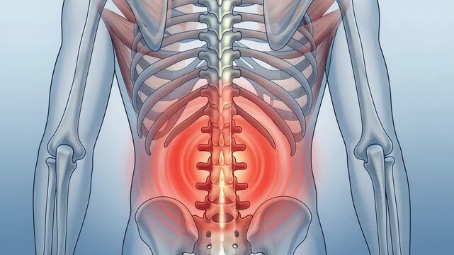 Medical illustration of human torso revealing glowing spine and surrounding muscles, vivid red pain halo highlighting lumbar region, anatomical healthcare concept, 4K video