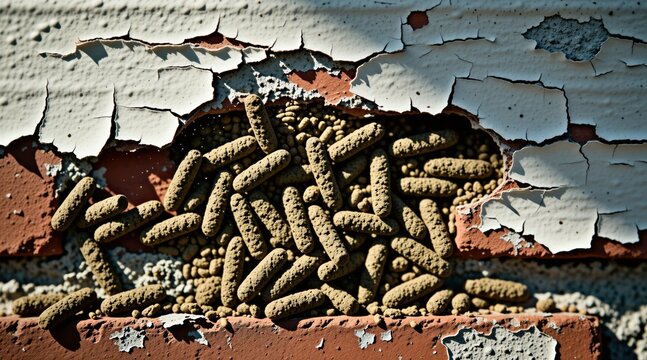 Termite droppings visible through damaged house wall. Brown pellets rubbish exterior surface, indicating pest infestation. Drywood termites cause structural weakness and decay in wood.