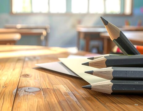 Pencils on a wooden classroom desk with a blurred background.
