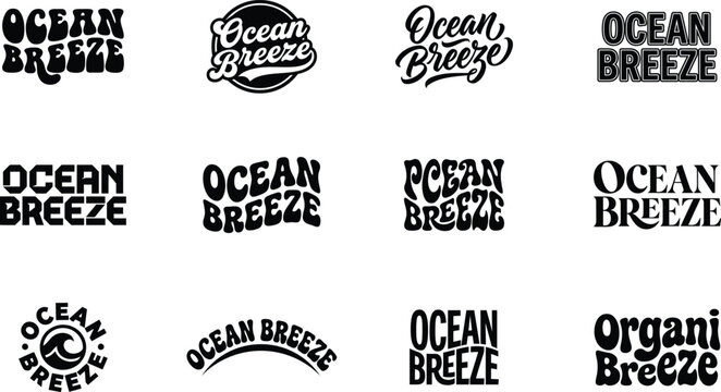 Ocean Breeze typography elegant minimalist decorative vintage retro wavy fonts logo pack. Summer beach holiday quote lettering for t-shirt print sticker. Vector illustration graphic bundle set