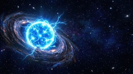 Fototapeta premium Supernova Explosion: A brilliant blue star pulses with energetic light, surrounded by a swirling galaxy and cosmic dust, depicting the awe-inspiring power of a celestial event.