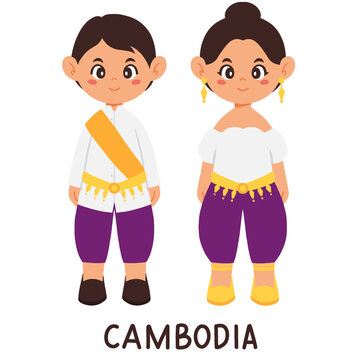 Cute Cambodian Children in Traditional Sampot Costume Vector - Cambodia Culture