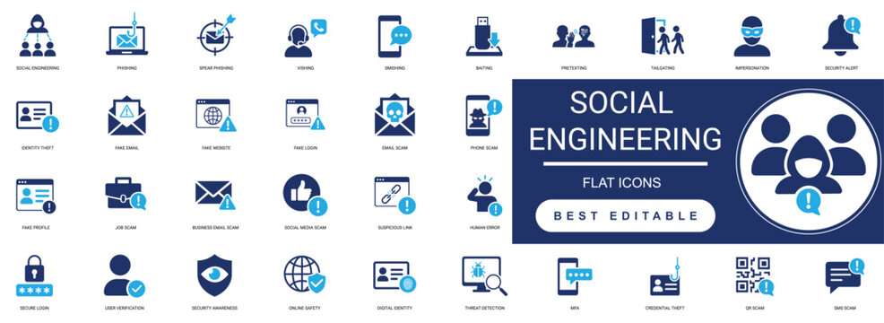 Social Engineering solid icon set featuring cyber attack, phishing, cyber fraud, scam, and security. Editable vector illustration.