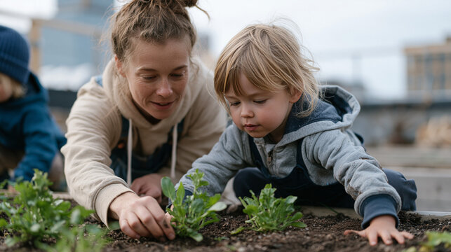 urban gardening teacher with a family unit in an industrial rooftop garden recognizing sunk cost fallacy turning neglected bed into productive plot community education sustainable