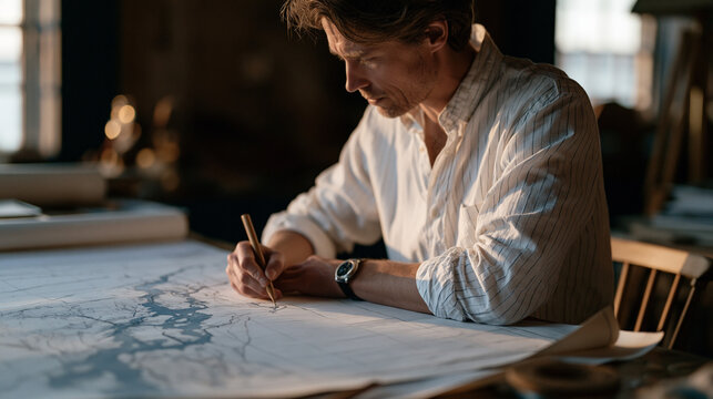 hydrologist indoors at warm amber lighting tracing a river basin map on a drafting table habit formation neurological loop water resource science process in action fieldwork
