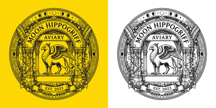 Moon Hippogriff Aviary Circular Gothic Fantasy Emblem Vector