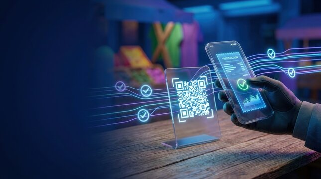 Scan and Connect: A close-up shot captures a hand holding a smartphone, actively scanning a QR code displayed on a transparent stand. Glowing lines and checkmark icons emanate from the code.