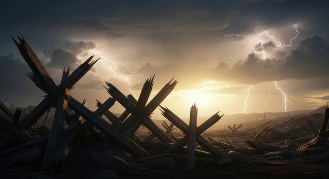 Dramatic landscape with anti-tank obstacles during a powerful thunderstorm with lightning strikes