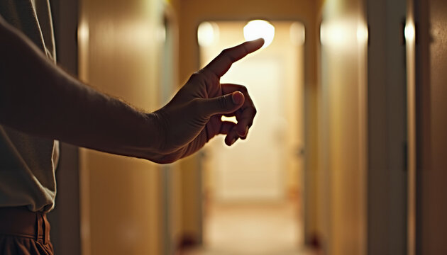 Hand signaling with calm demeanor in a softly lit corridor