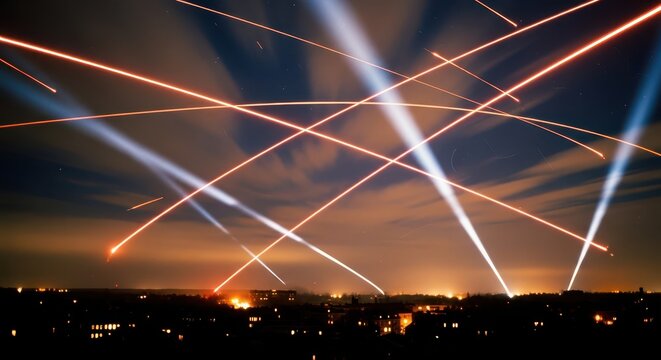 Dramatic night sky with crisscrossing searchlight beams and distant city lights, conveying a sense of event or emergency