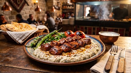 Obraz premium Traditional Turkish kebab with meat over smoky eggplant puree in a rustic restaurant setting