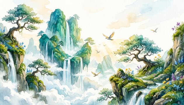 Hidden Deer Optical Illusion Watercolor Landscape Formed by Mountains Forest and River