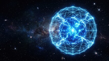 Naklejka premium Quantum Orb in Cosmic Canvas: A luminous blue quantum orb, pulsating with energy and encased in a geometric lattice, floats serenely against a backdrop of a swirling nebula and distant stars.