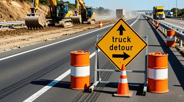 Yellow road sign shows truck detour on highway under construction. Heavy excavators park near asphalt surface with orange barrels, traffic cones. Drivers follow redirection arrows on asphalt path