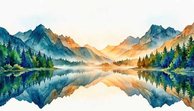 Mirror Earth Watercolor Landscape with Symmetrical Mountains Forest Reflection and Calm Lake