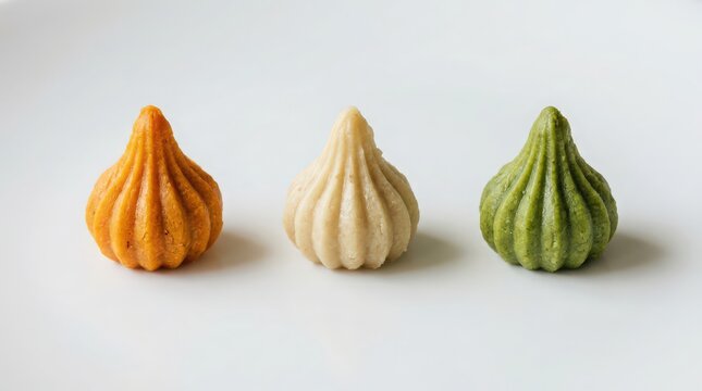 Three colorful modak sweet dumplings arranged in a row on a clean white background for the ganesh chaturthi festival