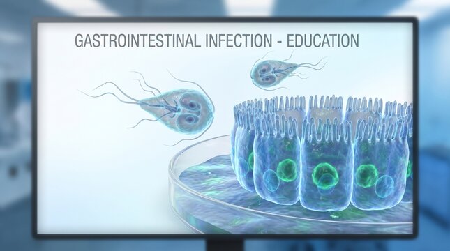 Medical education screen showing gastrointestinal infection with giardia lamblia parasites and intestinal villi for microbiology healthcare and medicine study in a modern clinical laboratory.