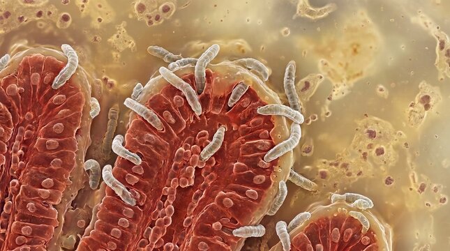 Microscopic View of Intestinal Parasite Infection Causing Diarrhea and Digestive Issues in Microbiology Healthcare and Medicine Context Showing Helminths on Human Gut Villi for Medical Science Study