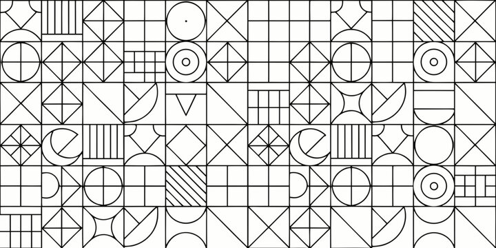 Geometric line art tiles a repeating pattern on a white background