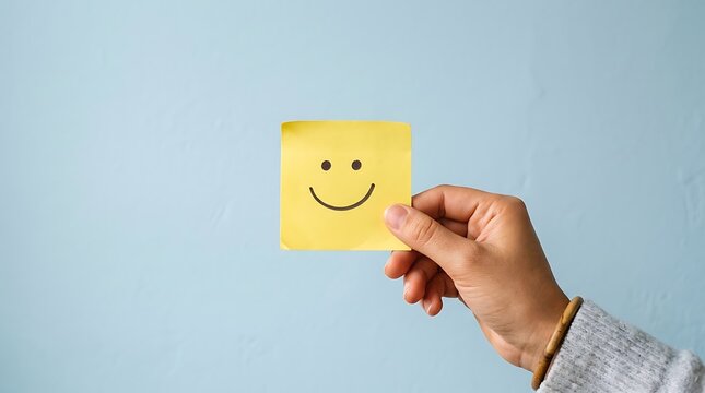 Hand holding yellow sticky note with smiley face. Happy message on adhesive paper memo.