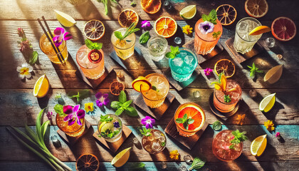 Fototapeta premium Assorted Tropical Cocktails on a Rustic Table