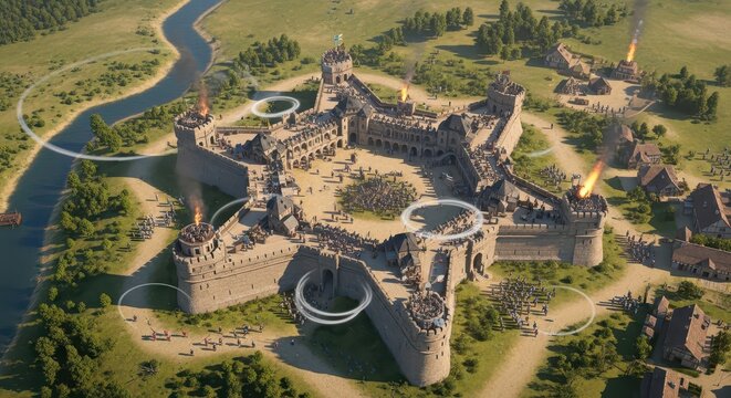Epic aerial view of a medieval castle siege with armies clashing and towers on fire during a historical battle