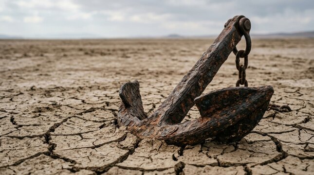Rusty Anchor in Arid Land: An old, weathered anchor lies embedded in parched, cracked earth under a somber sky, a stark symbol of abandonment and desolation in a desolate landscape.