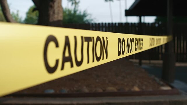 Yellow warning tape with caution text receding into depth blocking dangerous area showing restricted access and visual marking of hazardous outdoor zone