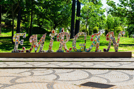 Istanbul, Turkey: May 19, 2026: Close up view of colorful mosaic Emirgan sign at entrance of Emirgan Park