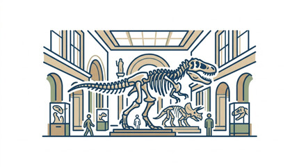 Dinosaur skeleton display in a grand museum hall. © parunten