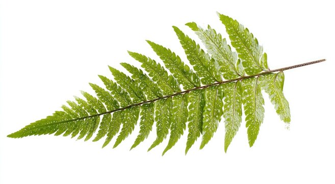 A single, vibrant green fern frond with water droplets, isolated on white