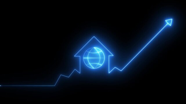 Home icon house sign neon lights animation with up arrow earth global icon. Neon House, home building animation. Neon home business graph icon animation. Globe Cool linear animated 4k video animation.