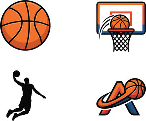 Basketball Sport Logo Set Featuring Textured Ball Hoop Net Backboard Dunking Player Silhouette and Monogram Letter A VectorsBasketball Sport Logo Set Featuring Textured Ball Hoop Net Backboard Dunking © Mohammad