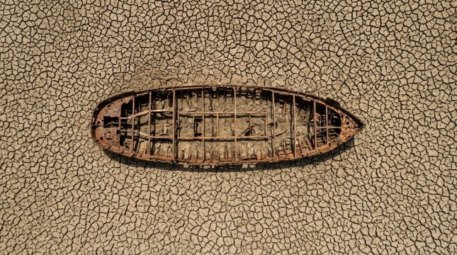 Ancient Shipwreck Remains: A top-down view reveals the skeletal remains of an ancient shipwreck, its wooden hull preserved on a textured, sandy seabed.