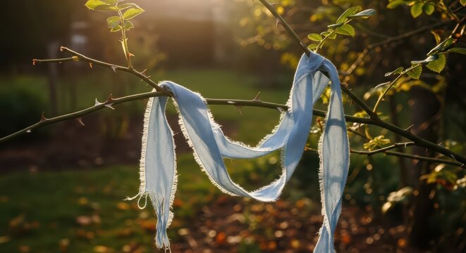 Ethereal blue fabric snagged on thorny branch at golden hour, symbolizing fragility and nature's embrace