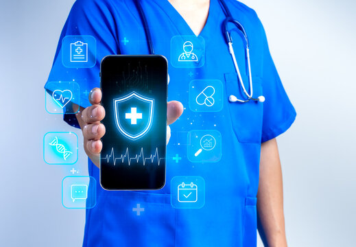 Doctor holding smartphone with AI healthcare security interface for digital health platform, telemedicine, medical data protection, patient safety, and smart medical services technology concept.