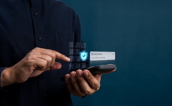User entering OTP verification code on smartphone with shield icon. Two-factor authentication, identity verification, cybersecurity, data protection, online privacy, secure login and account security.