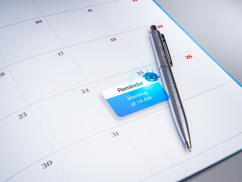 AI reminder notification with pen on calendar background. Smart scheduling assistant, automated meeting reminder, workflow automation, productivity planning and digital calendar management technology.