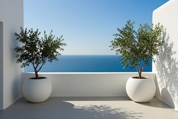 Obraz premium Minimalist white terrace features two green olive trees in round ceramic pots. Sunny balcony overlooks blue sea horizon. Calm outdoor space offers bright Mediterranean summer vibe. Clean architecture
