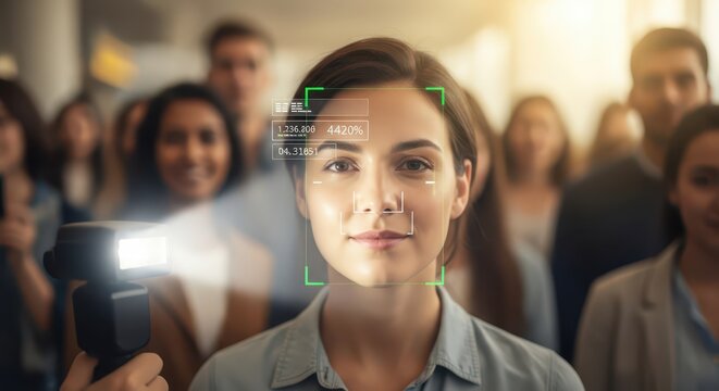 Facial Recognition Technology Scanning a Woman's Face in a Crowd, Futuristic Security and Biometrics Concept