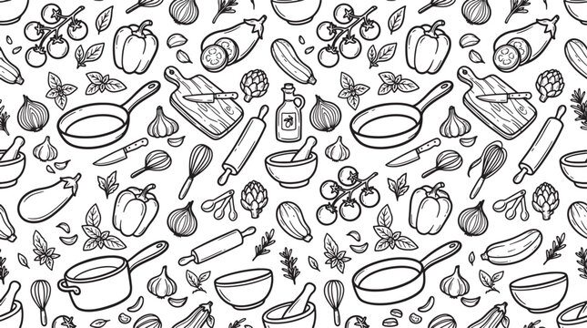 Hand drawn kitchenware and fresh vegetable pattern background for culinary design projects and food menu illustration
