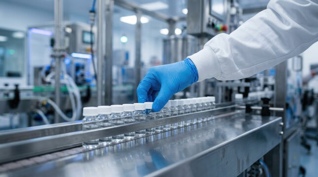 Pharmaceutical production line with gloved hand inspecting filled clear bottles in a sterile facility