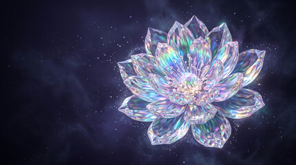Obraz premium A stunning crystal lotus flower glowing with vibrant prismatic light against a dark smoky background